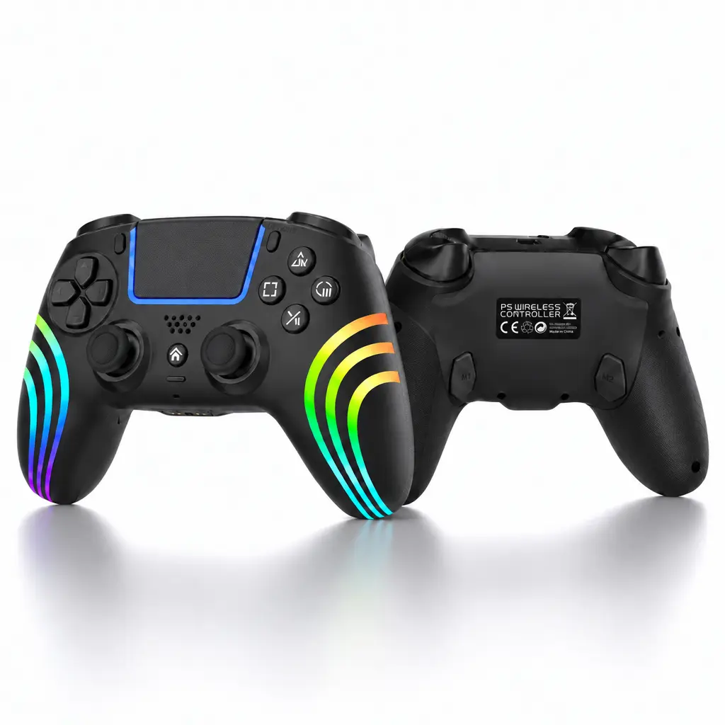 Compatible with PS5 wireless controller, RGB customizable game controller, anti-drift sticks and triggers, customizable macro programming back buttons, six-axis gyroscope, dual vibration, rapid-fire function, touchpad, Bluetooth 5.0, 3.5 mm audio/mic jack