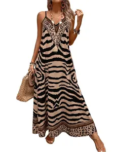 Women's Classic Sleeveless Dress, Long Zebra Print Beach Vacation Dress, Summer V-Neck A-Line Slim Fit Printed Dress