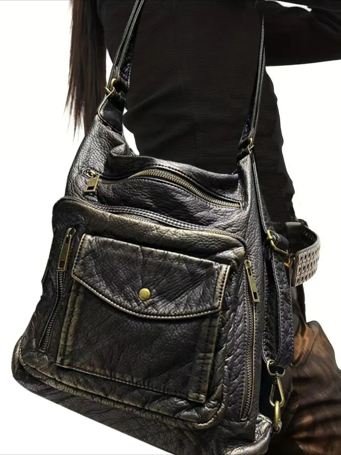 Ladies' fashionable retro rivet shoulder bag Y2K large capacity multifunctional bag street style shoulder bag, city commuting multi pocket shoulder crossbody bag crossbody bag, antique copper black Crossbody Shoulder Bags