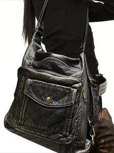 Ladies' fashionable retro rivet shoulder bag Y2K large capacity multifunctional bag street style shoulder bag, city commuting multi pocket shoulder crossbody bag crossbody bag, antique copper black