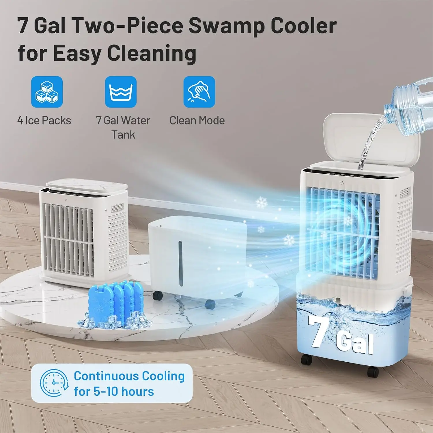 VCJ JD-801GL 2800CFM Portable Evaporative Air Cooler, 3-IN-1 Windowless Swamp Cooler Air Conditioner with 7Gal Tank, 120° Oscillation, 12H Timer, 4 Ice Packs, Cooling Fan for Home Bedroom Office