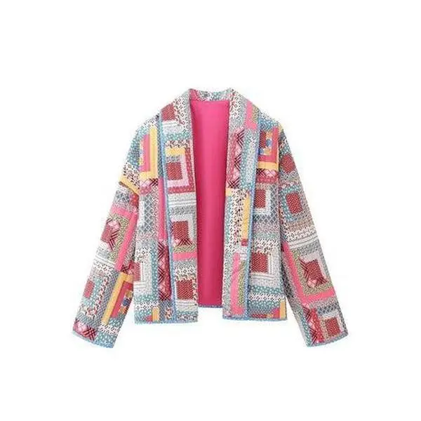 Patchwork Print Shawl Collar Quilted Jackets