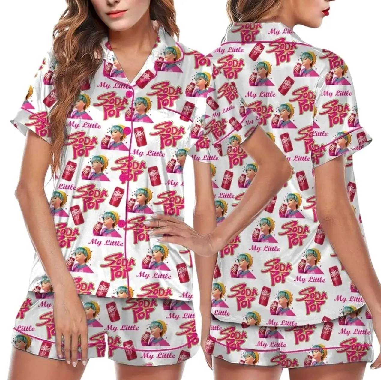 Retro Anime Girl & Soda Can Print White Silk Pajamas