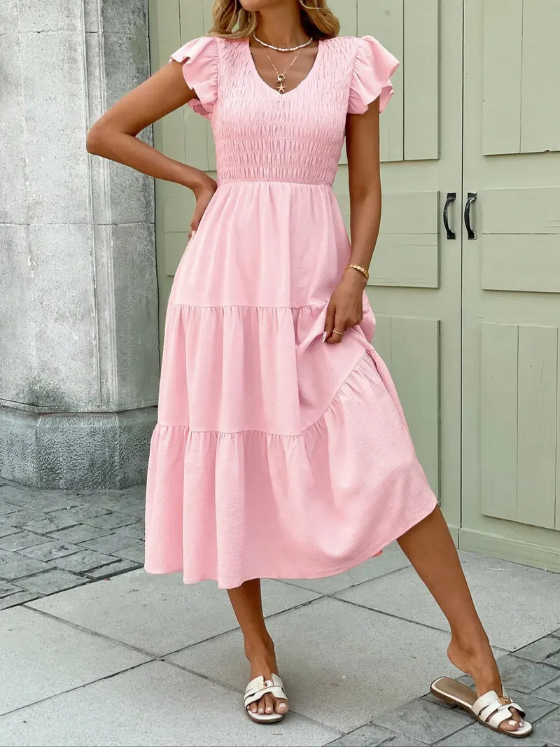 Shein WOWDARK Women V-Neck Ruffle Hem Split Solid Summer Dress - TikTok  Shop