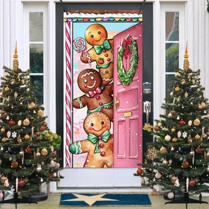 Deroro Christmas Gingerbread Man Door Cover Decorations, Pink Xmas Wreath Peppermint Candy Front Door Banner Background, Snowflake Winter Holiday Indoor Outdoor Home Decor 3 x 6 FT