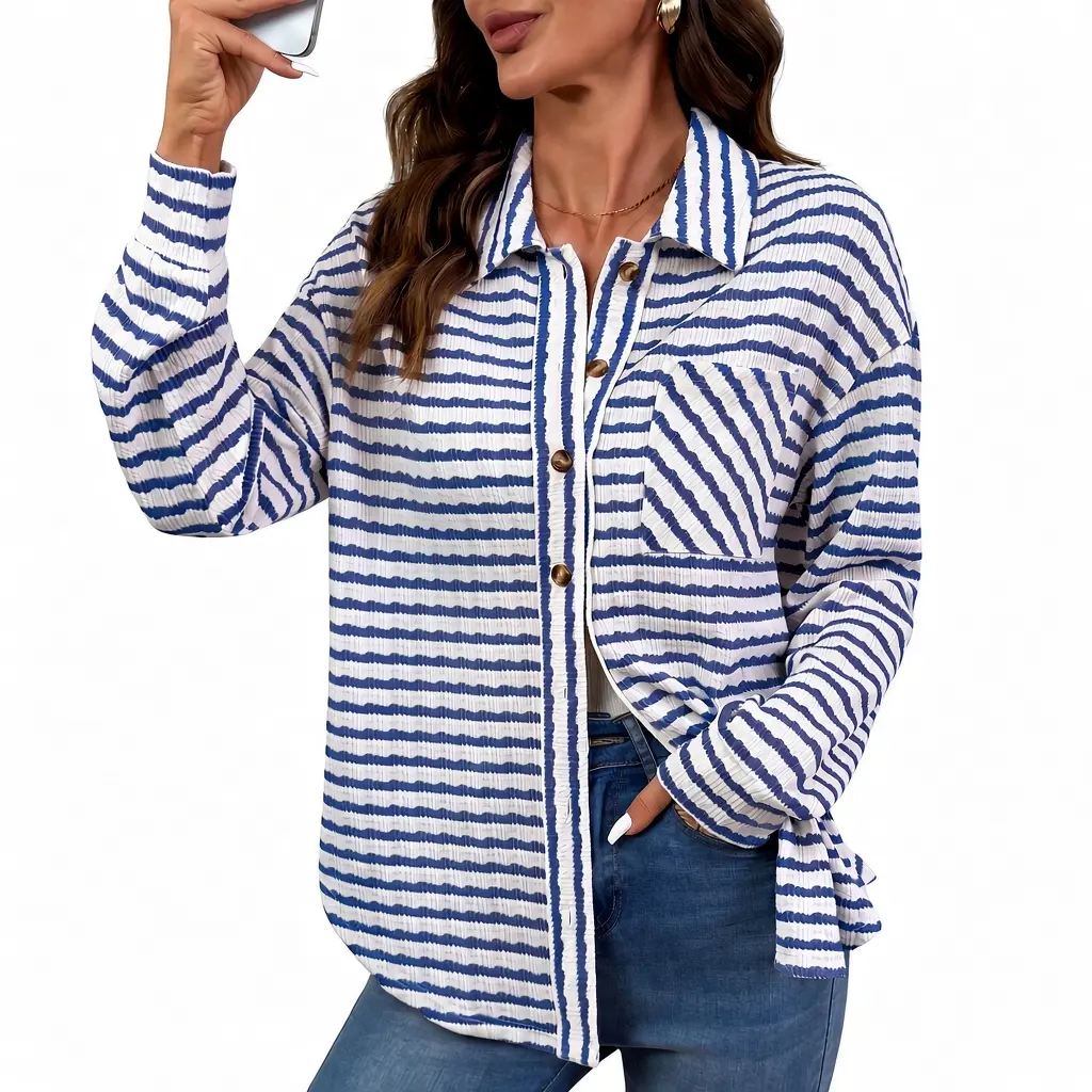 Dokotoo Fall Jackets for Women Casual Oversized Long Sleeve Striped Shirts Collared Button Down Shacket Jacket