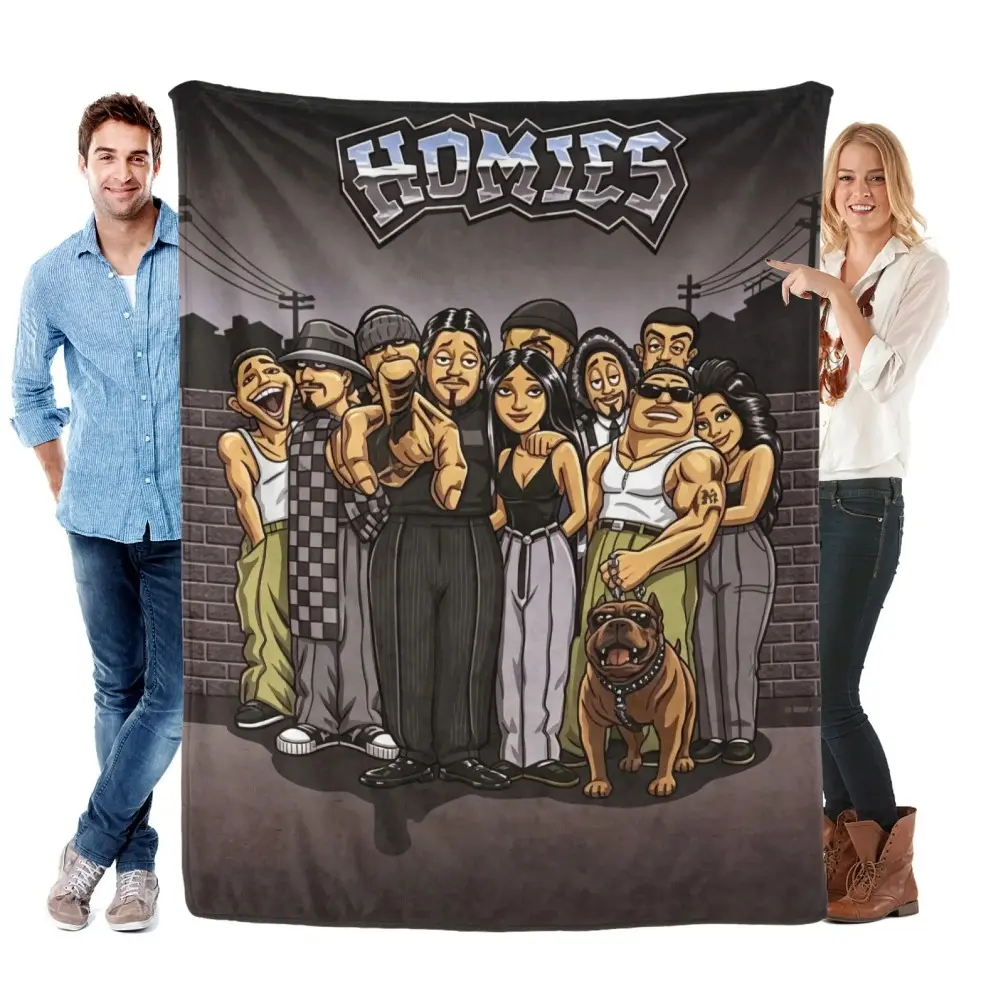 Homies Chicano Street Style Cartoon Printed Velvet Flannel Throw Blanket - Velvet Fabric, Ultra Soft, Warmth Retentive, 1-Piece All Season Home & Travel Sofa Bed Cover, Retro Latino Urban Decor, Viral Cultural Fan Gift, One-Piece