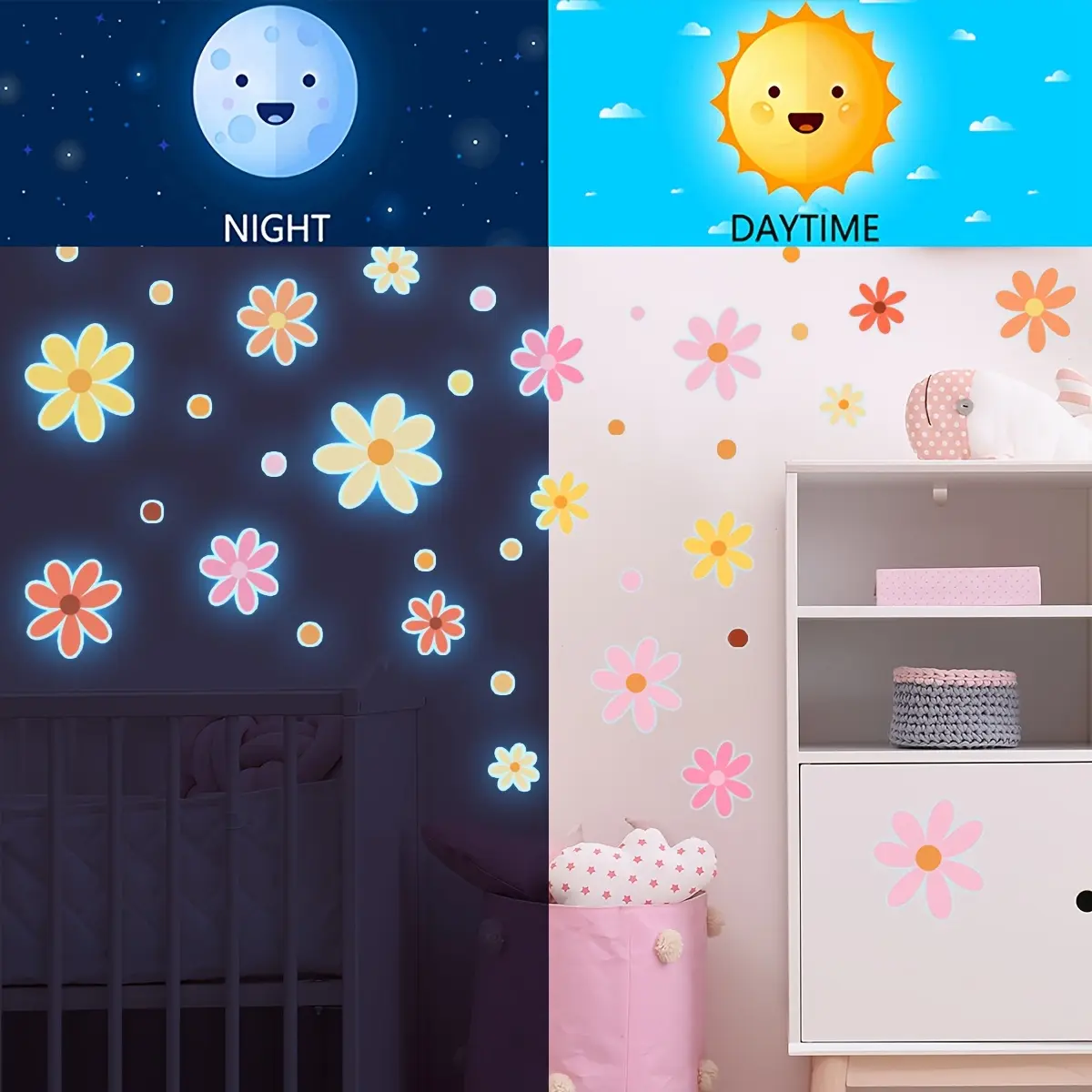 3Pcs/Set (20*20cm) Luminous Daisy Wall Stickers Set, Dreamy Warm Theme Self-Adhesive Wall Decor for Kids Room Bedroom