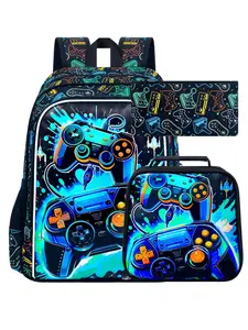 3pcs Gamer Backpack Set for Boys, Neon Video Game Controller School Backpack, Insulated Lunch Bag & Pencil Case, Durable Bookbag for Kids Teens