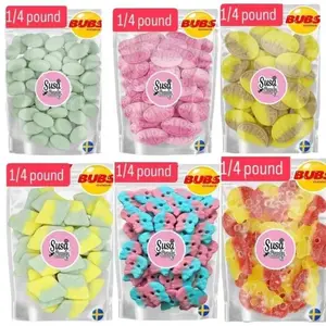 Bubs Swedish candy 1/4 bags - Swedish Candy Snack Sweet Strawberry Pomegranate Foam Ovals - Bubs Sour Dizzy Skulls -  Bubs Giant Sour Skulls - Banana Toffee Foam Ovals - BUBS Tutti Frutti Rombs - Bubs Sour Pear