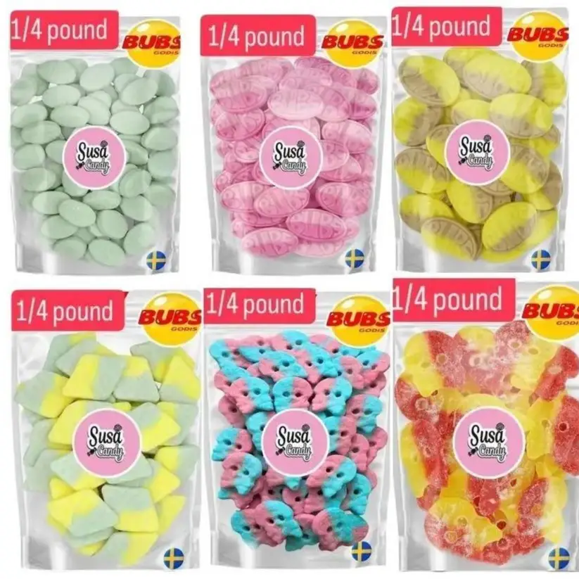 Bubs Swedish candy 1/4 bags - Swedish Candy Snack Sweet Strawberry Pomegranate Foam Ovals - Bubs Sour Dizzy Skulls - Bubs Giant Sour Skulls - Banana