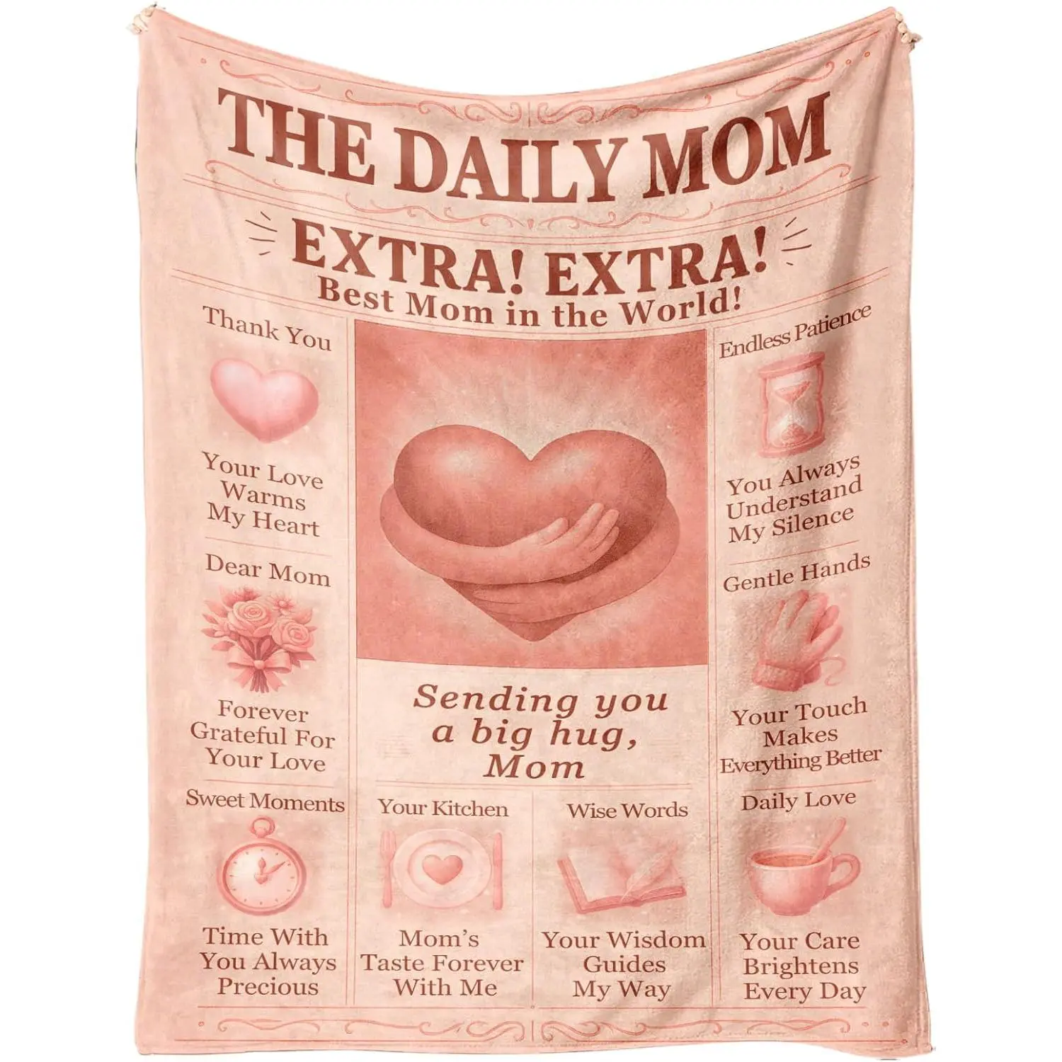 Best Mom Sending You a Big Hug Newspaper Style Fleece Throw, Mom Gifts Blanket, Personalized Gifts for Mom from Daughter Son, Soft Plush Birthday Gifts for Mother’s Day