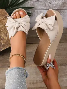 Women's Bowknot Wedge Sandals, Leopard Print Thick Sole Slip-On Shoes, Summer Casual Footwear, Comfortable Outdoor Wear