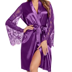 Avidlove Women's Satin Kimono Robe for Bridesmaid and Bride Wedding Party Getting Ready Short Robe with Floral Lace Sleeves & Classic V-Neck Design