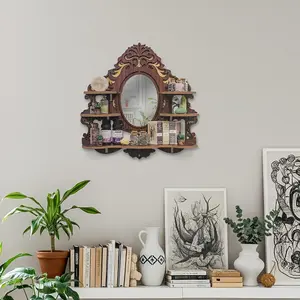 FNYDOX 1pc Bohemian Floating Shelf with Mirror - Wall-Mounted Artificial Wood Shelf Suitable for Keys, Plants, Crystal, Essential Oil Storage - Glossy Farmhouse Chic Mirror & Display Shelf for Home Decor - Installation, Space-Saving Gift