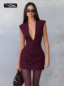 Women's Fashion Solid Color V Neck Sleeveless Ruched Blazer Fitted Dress, Comfortable Casual All-Season Versatile, Daily Wear, Commuting, Parties, Formal Wear