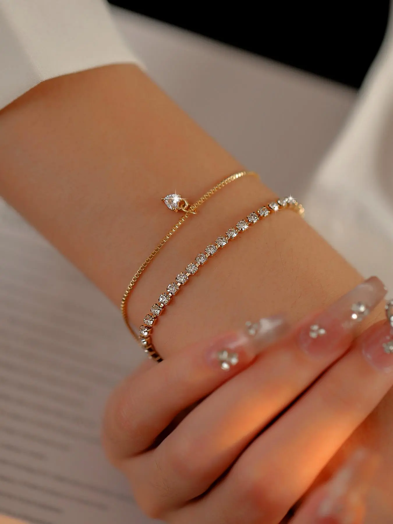 Elegant Rhinestone Decor Matching Chain Bracelet Set, 2pcs/set All-match Charm Bracelets for Daily & Party Decor, Exquisite Iced out Jewelry As Birthday Gifts, Fashion Jewelry Accessories