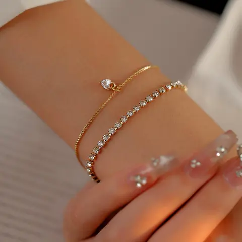 Elegant Rhinestone Decor Matching Chain Bracelet Set, 2pcs/set All-match Charm Bracelets for Daily & Party Decor, Exquisite Iced out Jewelry As Birthday Gifts, Fashion Jewelry Accessories