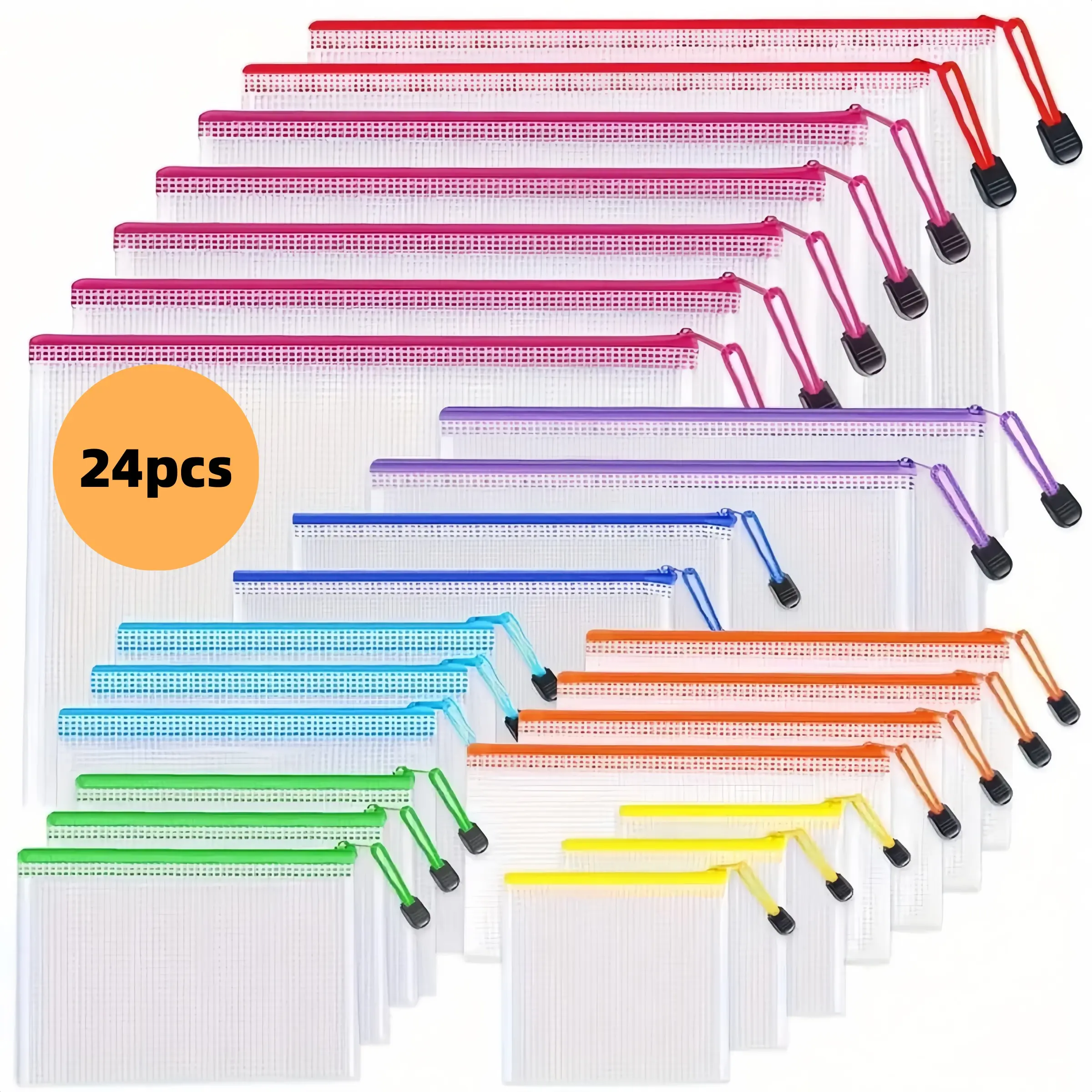 24pcs Transparent Plastic Zippered File Folders in Mesh Bags, Desk File Organizer, Paperwork Organizer, Document Holder, Available in 8 Sizes, Waterproof Travel and Office Storage Bags for Office Supplies, Documents, and Small Items, Files Organizer