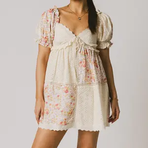 Women's Floral Print Maternity Dress Bow Tie Front Ruffled Trim V Neck Short Sleeve A-Line Mini Dress for Spring/Summer