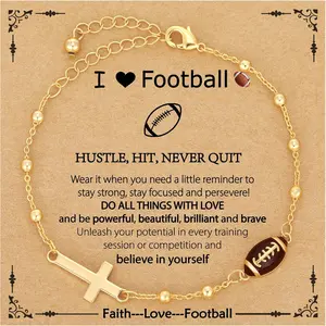 Softball/Volleyball/Soccer/Basketball Football Bracelet for Girls Women, 14K Gold Plated Cross Link Chain Sport Accessories Valentines Christian Jewelry Gifts for Teens Team Coach Players