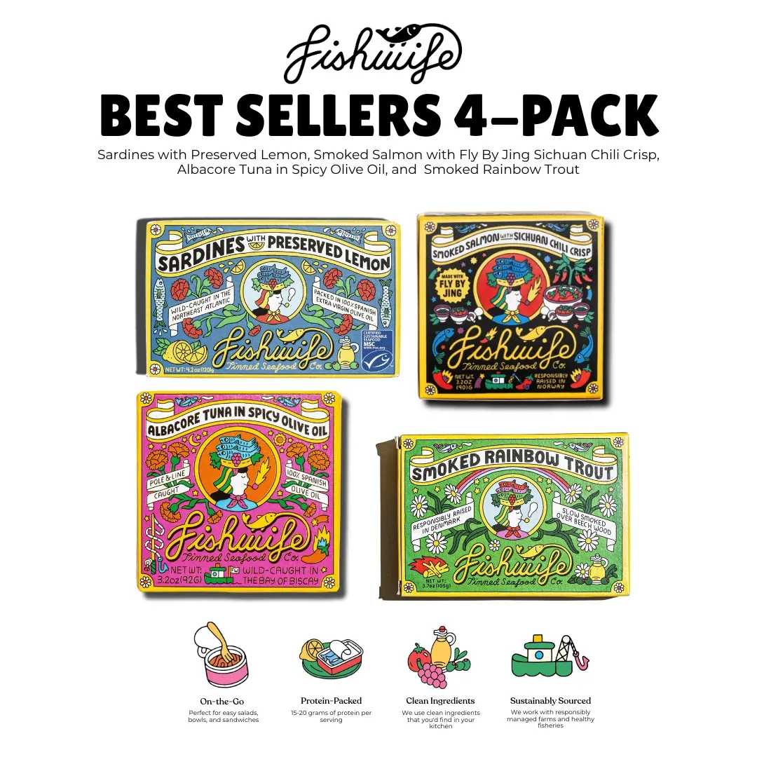 Fishwife Tinned Fish Best Selling Variety Bundles - Best Seller 4 Pack, Protein 4 Pack, Glowing Skin 4 Pack, Tuna Lovers 4 Pack Fishwife Tinned Fish Best Selling Variety Bundles - Best Seller 4 Pack, Protein 4 Pack, Glowing Skin 4 Pack, Tuna Lovers 4 Pack