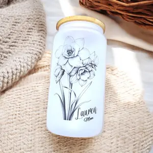 Personalized Frosted Glass Birth Flower Cup for Drinks - Drinkware, Mug Reusable Tumblers Bamboo Lid Straw kitchen glassware mugs cocktail