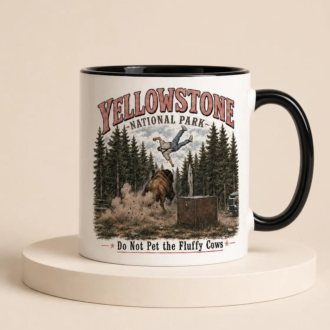 Yellowstone National Park Coffee Mug, Funny Fluffy Cows Bison Camping Cup, Black Handle Outdoor Adventure Mug, Nature Lover Gift
