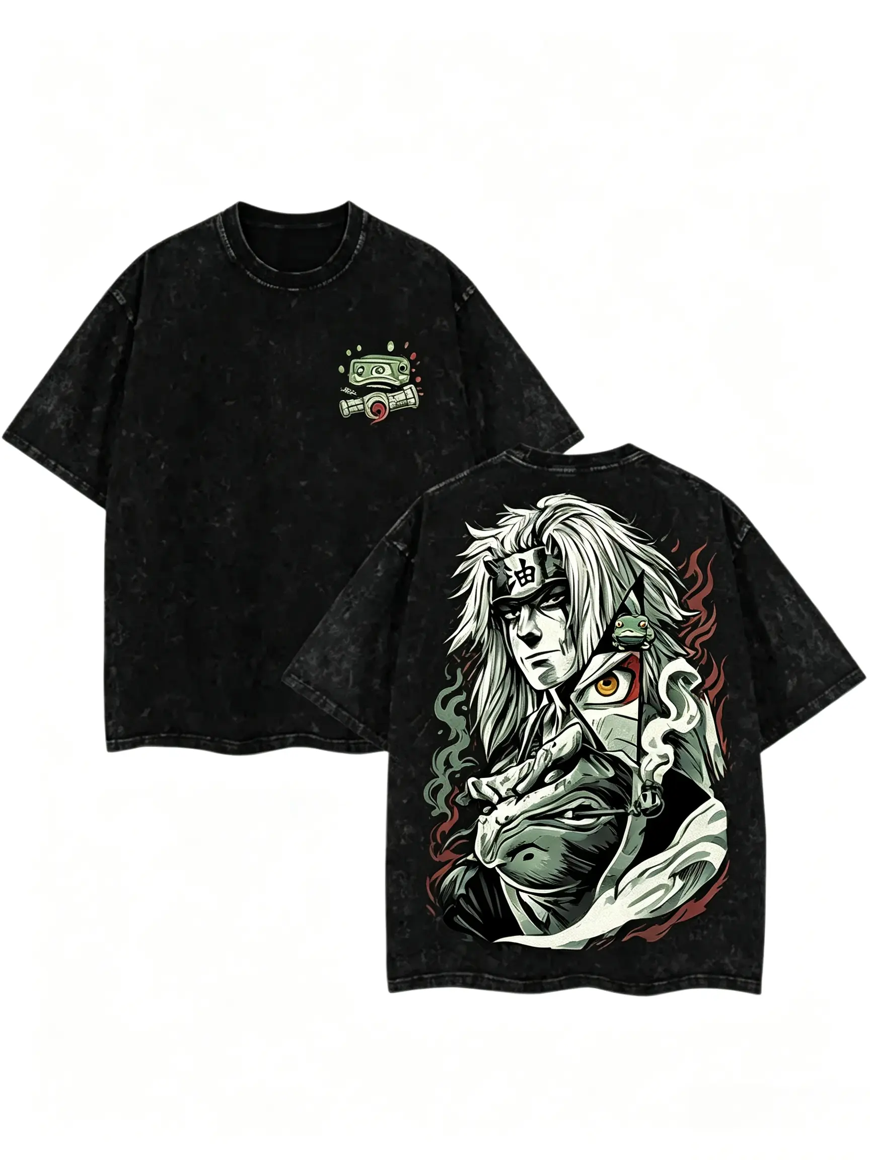Unisex Sage Toad Ninja Double-Sided Vintage Washed Graphic T-Shirt, Heavyweight Cotton Oversized Crew Neck Short Sleeve Top, Front Mini Toad Logo & Back Hermit Ninja & Giant Toad Retro Print Casual Anime Streetwear Tee, Classic Ninja Anime Merch Gift