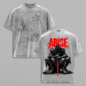 Solo Leveling Arise Anime T-Shirt - Sung Jin Woo Shadow Soldiers Igris Beru Double Printed Graphic Tee - Lightweight Acid Washed Oversized Vintage Streetwear Shirt - Manhwa Merch Gift for Anime Fans Casual Top