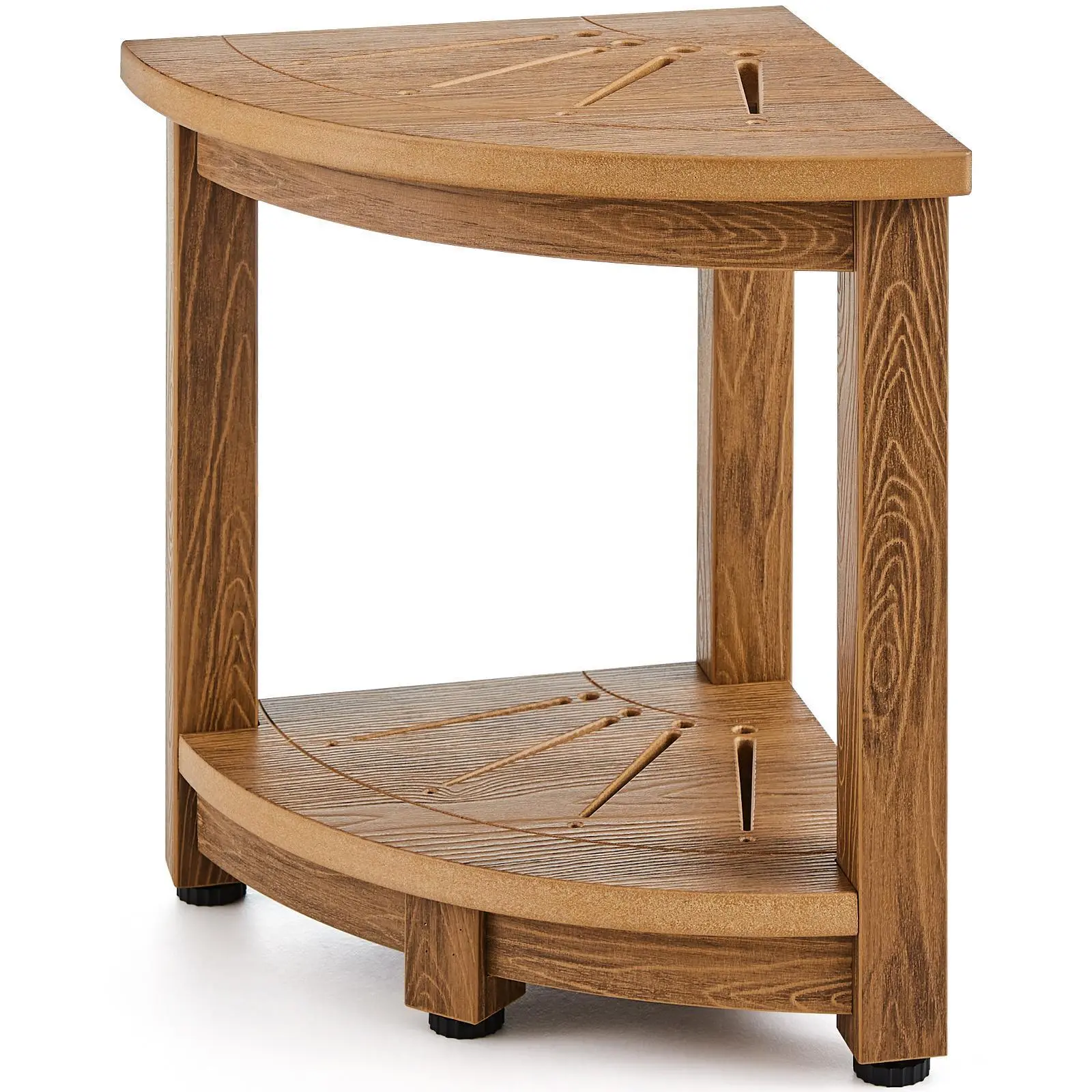 VEVOR Plastic Corner Shower Bench, 16.5" Height 12.8" Radius, Adjustable Faux Wood Grain Polystyrene, 350 LBS Capacity, Double-Layered Storage Shelf, Water-Resistant Indoor-Outdoor Stool for Bathroom,sohochic