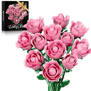 12-Stem Blooming Pink Rose Building Block Bouquet — DIY Assembly Kit for Adults — Deluxe Gift Box for Christmas & Valentine's Day — The Perfect Choice for Home & Office Decor model collectible metal easy assembly toy difficulty high brick