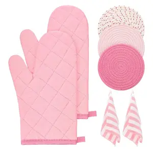 Oven Mitts and Pot Holders with Kitchen Towels Set of 7, Valentine's Day Gift for Women Heat Resistant Oven Gloves Hot Pads Kitchen Hand Towels for Cooking Baking(Pink)