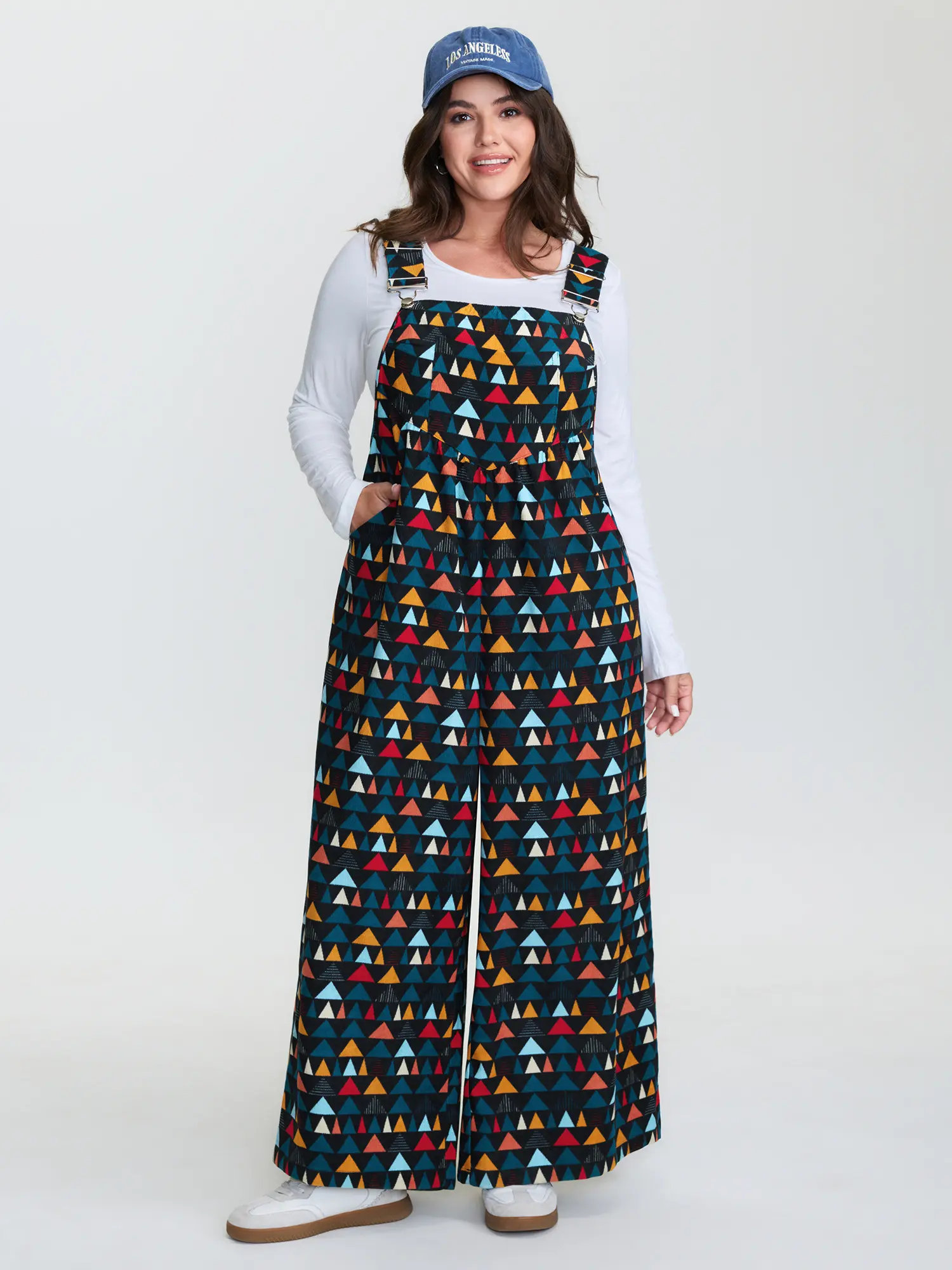 BloomChic Plus Size Jumpsuits for Women, Geometric Colorblock Polyester Overalls with Adjustable Straps and Slant Pockets, Garment, Fabric, Low Iron, Plus Size Overalls, Overall Jumpsuit