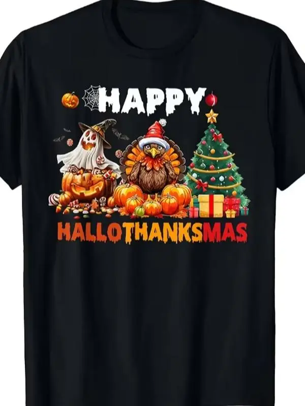 Men'S & Women'S Funny Hallothanksmas T-Shirt - Family Matching Holiday Shirt for Christmas, Halloween & Thanksgiving Parties - Short Sleeve Tee with Spooky Turkey Design - Regular Fit Casual, Funny Christmas Shirts, Mens Graphic T-Shirts