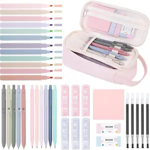 Cute School Supplies 38 count, Pencil Case with 12 Pastel Highlighters, 5 Black Gel Pens, Mechanical Pencils, College Essentials Students Stationary Set