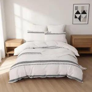 French Bohemian Style Deep Grey Geometric Stripe Duvet Cover Set and 2 Coreless Pillowcases, Jacquard Fabric Zipper Closure, All Seasons Use, Soft Comfortable, French Style Bedroom Decor, Gift Idea