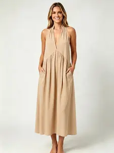 Fan Favorite AgeRose Halter Neck Maxi Dress Women Minimalist Casual Loose Fit Summer Beach Vacation Long Dress Lightweight with Pockets