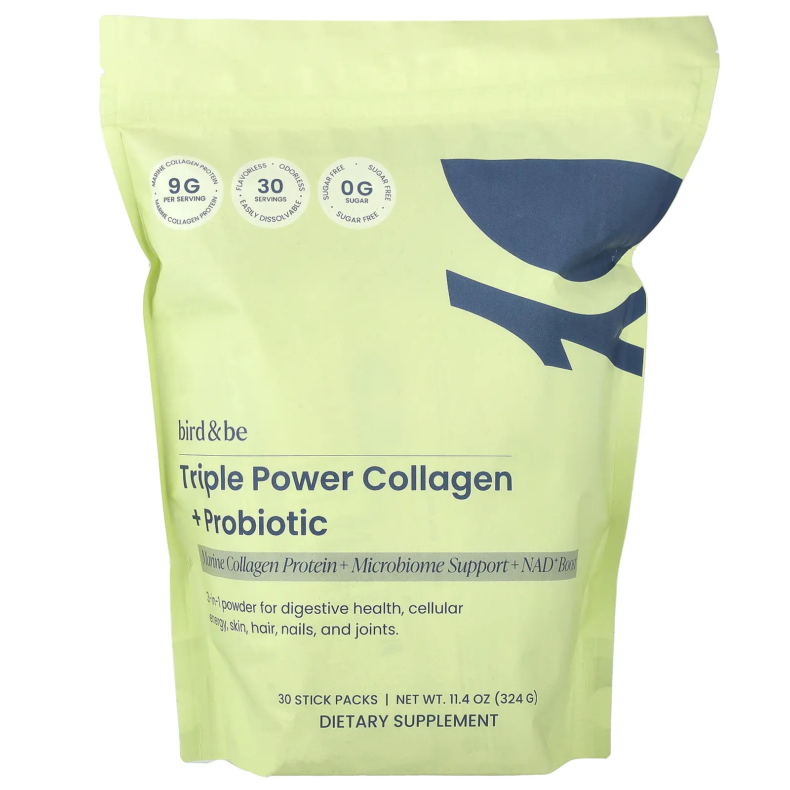 Bird&Be Triple Power Collagen + Probiotic, Flavorless, 30 Stick Packs, 0.38 oz (10.8 g) Each