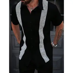 Shirts men - Men Contrast Geometric Pattern Summer Shirt - Lightweight, Stylish for Daily Wear funny shirt deals for today dad gifts outfits men men clothing vacation outfits fall outfits y2k clothing button shirt work men's clothing Menswear Top Gamis