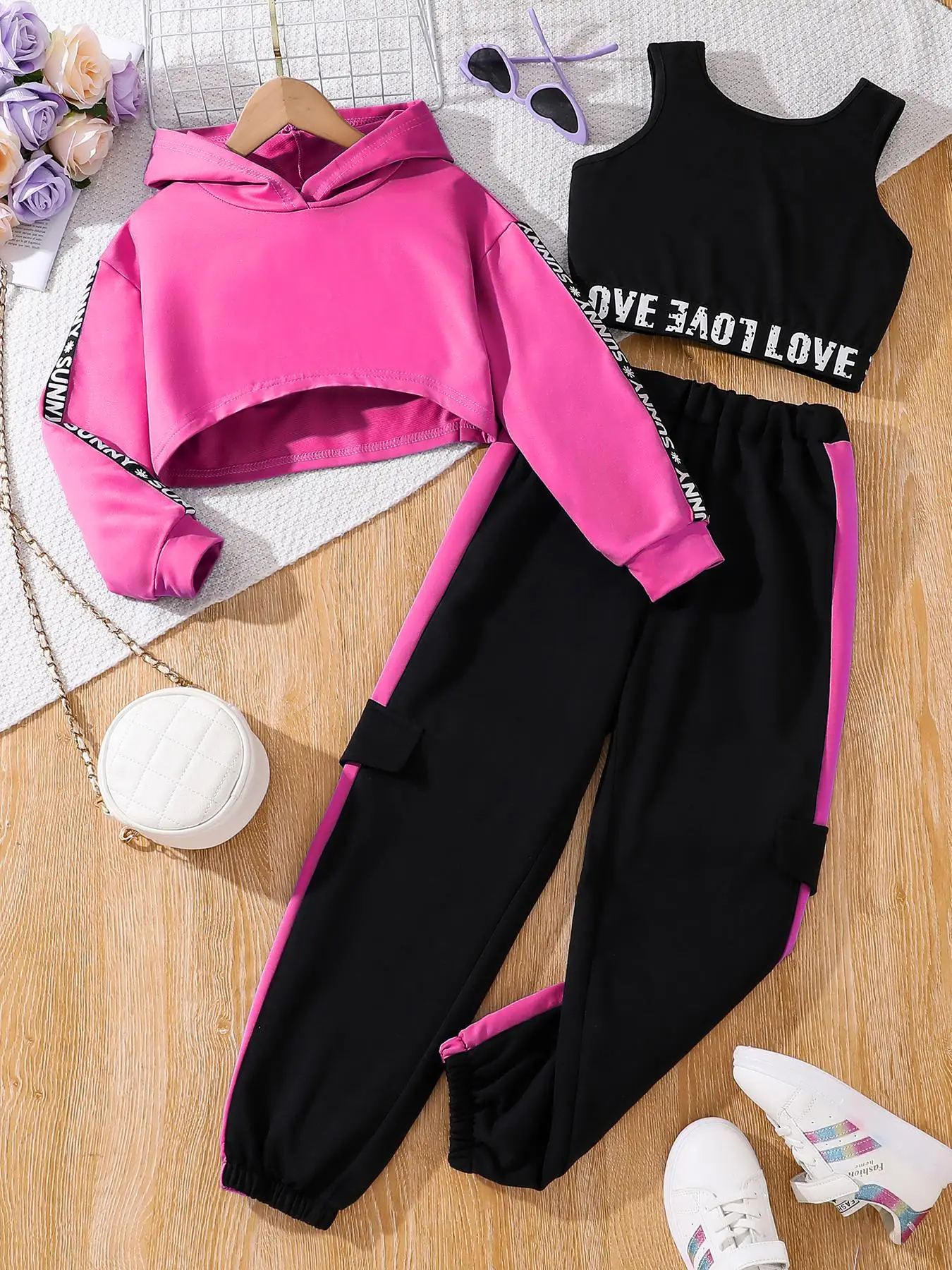 Three-Piece Set Girl's Letter Print Asymmetrical Hem Crop Hoodie & Letter Tape Crop Tank Top & Elastic Waist Sweatpants Set, Casual Fashion Three-piec