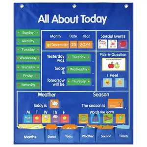 Today's All-Activities Hanging Pocket Chart - 190 Cards, Blue Theme - Circle Time Learning Center, Preschool Calendar & Weather Chart - Essential Autism Resource for Home & Classroom, Classroom Decor