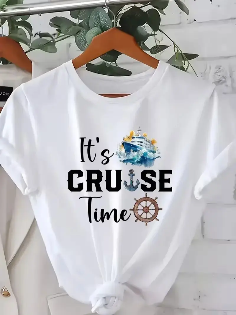 Plus-Size Women's Cruise Time Nautical T-Shirt - Short Sleeve Round Neck Casual Summer Top with Cruise Ship & Sea Print, Machine Washable Vacation Wear for Spring/Summer Cruises (Comfortable Cruise Outfit)