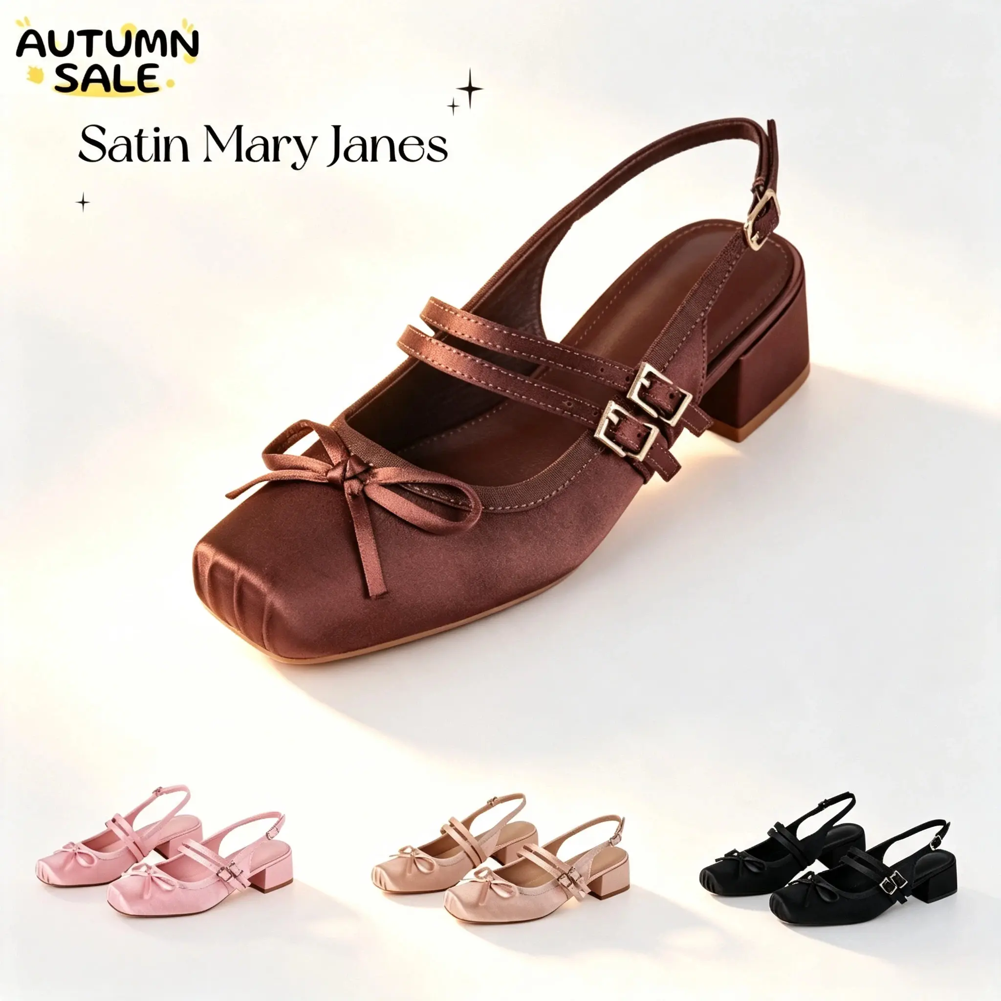 Women's Black Heels, Retro Satin Mary Jane Pumps with a Square Toe and Low Block Heel, Elegant Slingback Cute Shoes for Women, Strap Heels, Casual