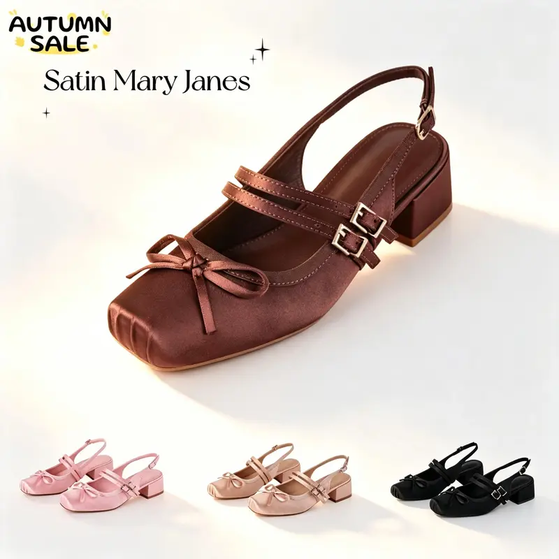 Women's Black Retro Satin Mary Janes Sandals - Square Toe Low Block Heels for Women, Slingback Bow Buckle, Adjustable Strap, Cute Shoes for Evening Dresses, Casual Parties