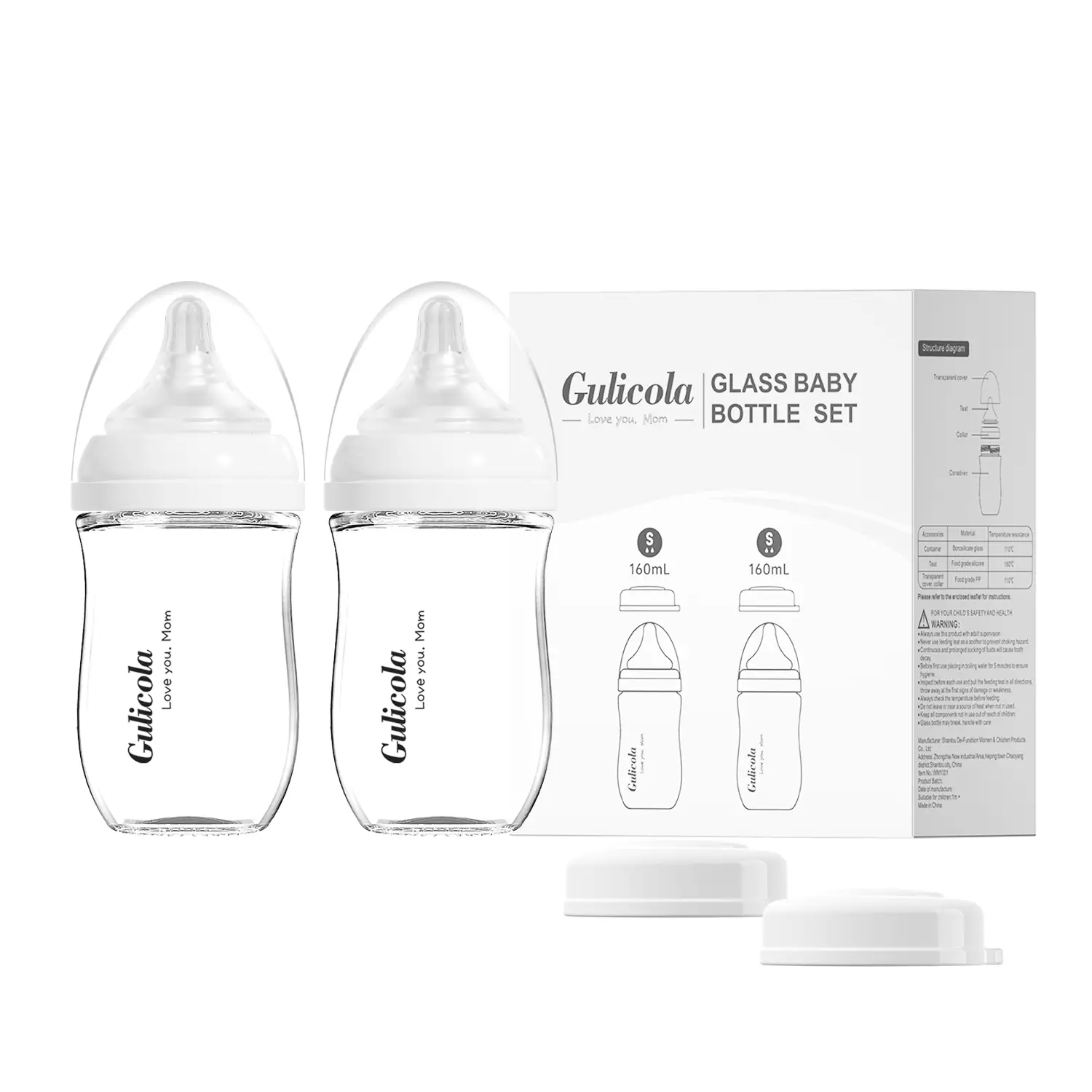 Gulicola Natural Glass Baby Bottle for Breastfeeding Babies, Newborn Anti-Colic Bottle Set with Slow Flow Nipple, 1 Months+, 5 oz&8oz, 2 Pack - White&