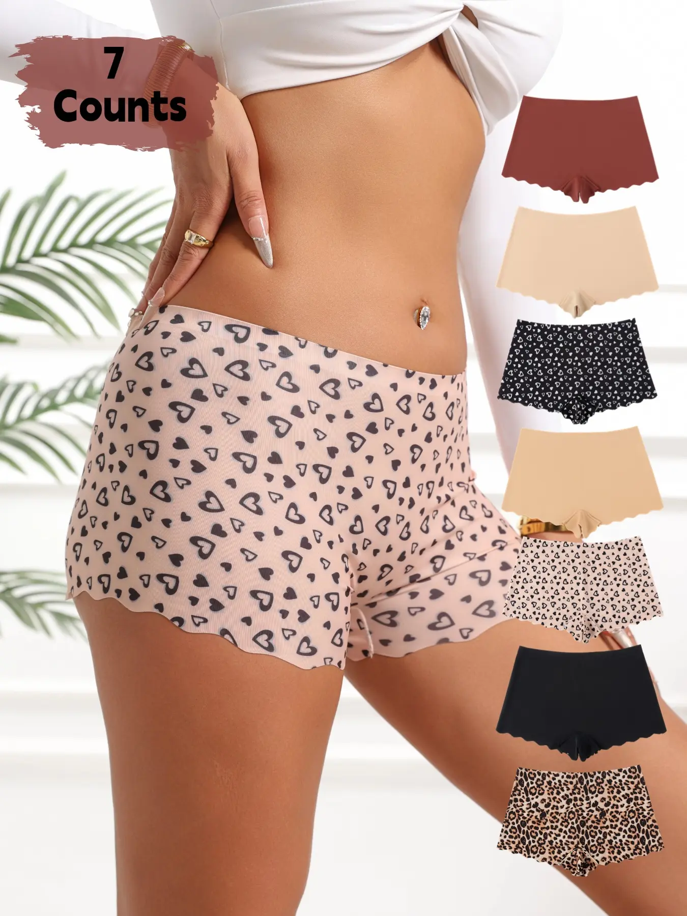 Women's 7 Pack Ruffles Seamless Boxers Panties, Romantic Heart Printed Valentine's Day Boyshorts, Leopard Printed Ice Silk Safety Shorts, All Season Casual Panties, Slim Fitting Underwear