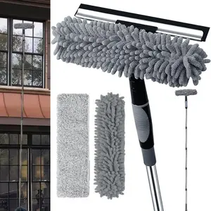 15ft Extendable Window Cleaner, 2-In-1 Squeegee & Brush Set, Long Handle Telescopic Glass Cleaner with 10 Extension Poles, 2 Cloths Included