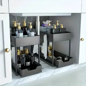 2-Tier Pull-Out Under Sink Organizer, Sliding Storage Shelf for Kitchen & Bathroom Cabinets