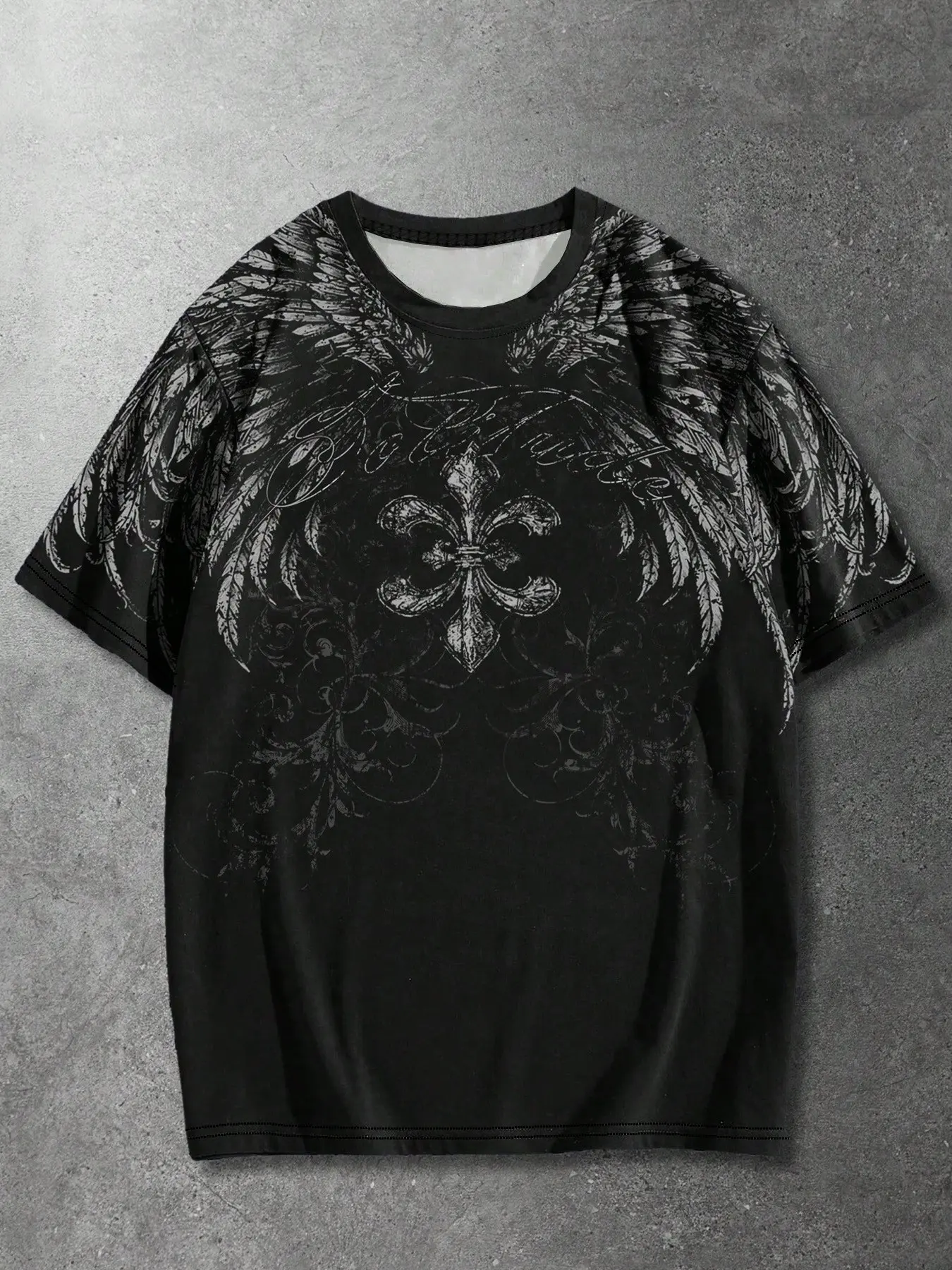 Vintage Gothic Print Men's Loose Fit Tee - Lightweight, Breathable Fabric, Fleur-de-lis & Angel Wings Graphic with Distressed Floral Details, Dark Grunge Streetwear Shirt, Menswear, Top, Multi-Wear for Night Out / Casual Days, All-Season Breatha